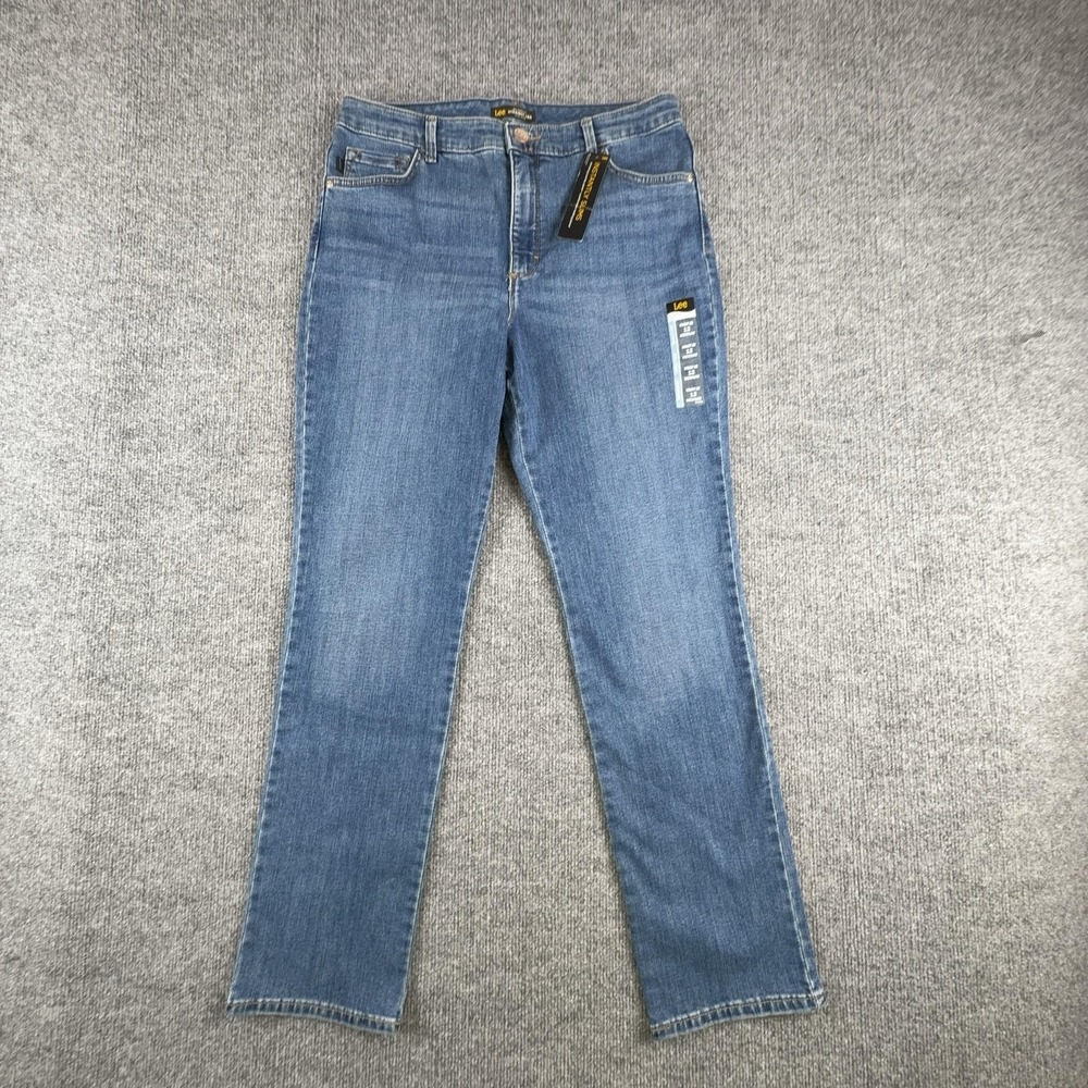 Lee Jeans Womens 12 Medium Wash Blue High Rise Relaxed Straight Instantly Slims